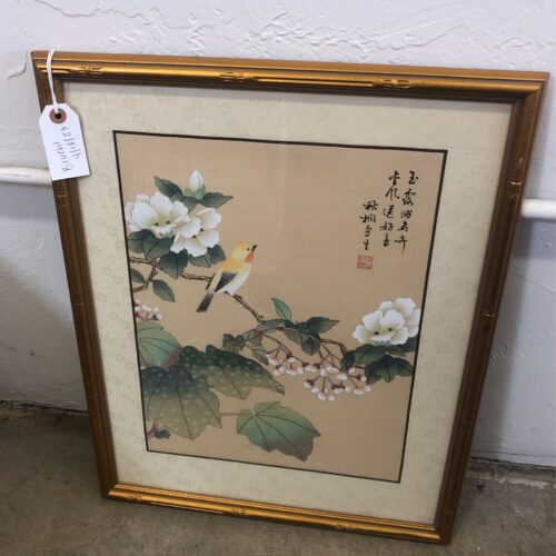 Oriental Flowers& Bird Print W/ Gold Frame
