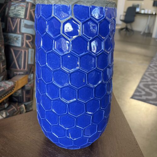 West Elm Hand Made Blue Beehive, Honeycomb, Glazed Vase