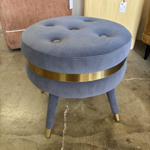 Blue Tufted Ottoman with Brass Banding